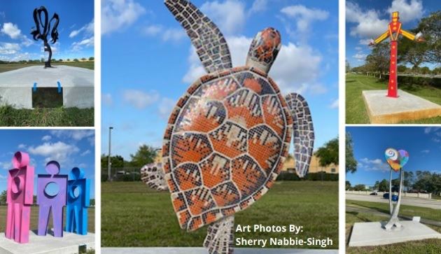 Photo collage of 5 art sculptures on Inspiration Way Art Collage. Photos by Sherry Nabbie-Singh.