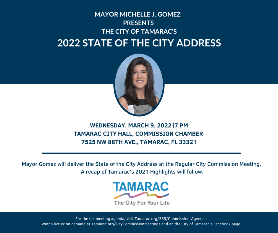 2022 State of the City Flyer with Mayor's photo and detailing the March 9 at 7PM time at City Hal
