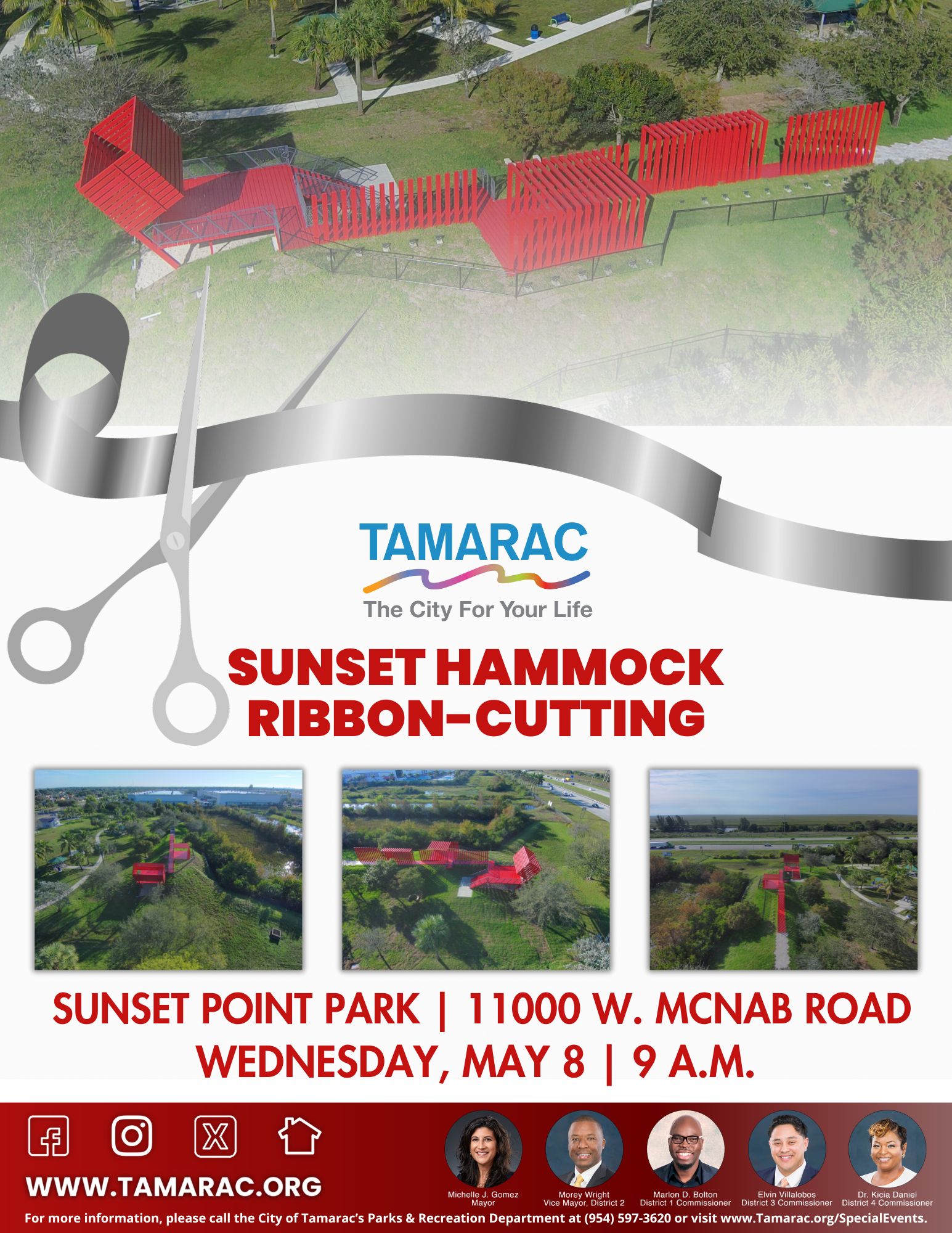 Silver scissors and ribbon, large red artwork 