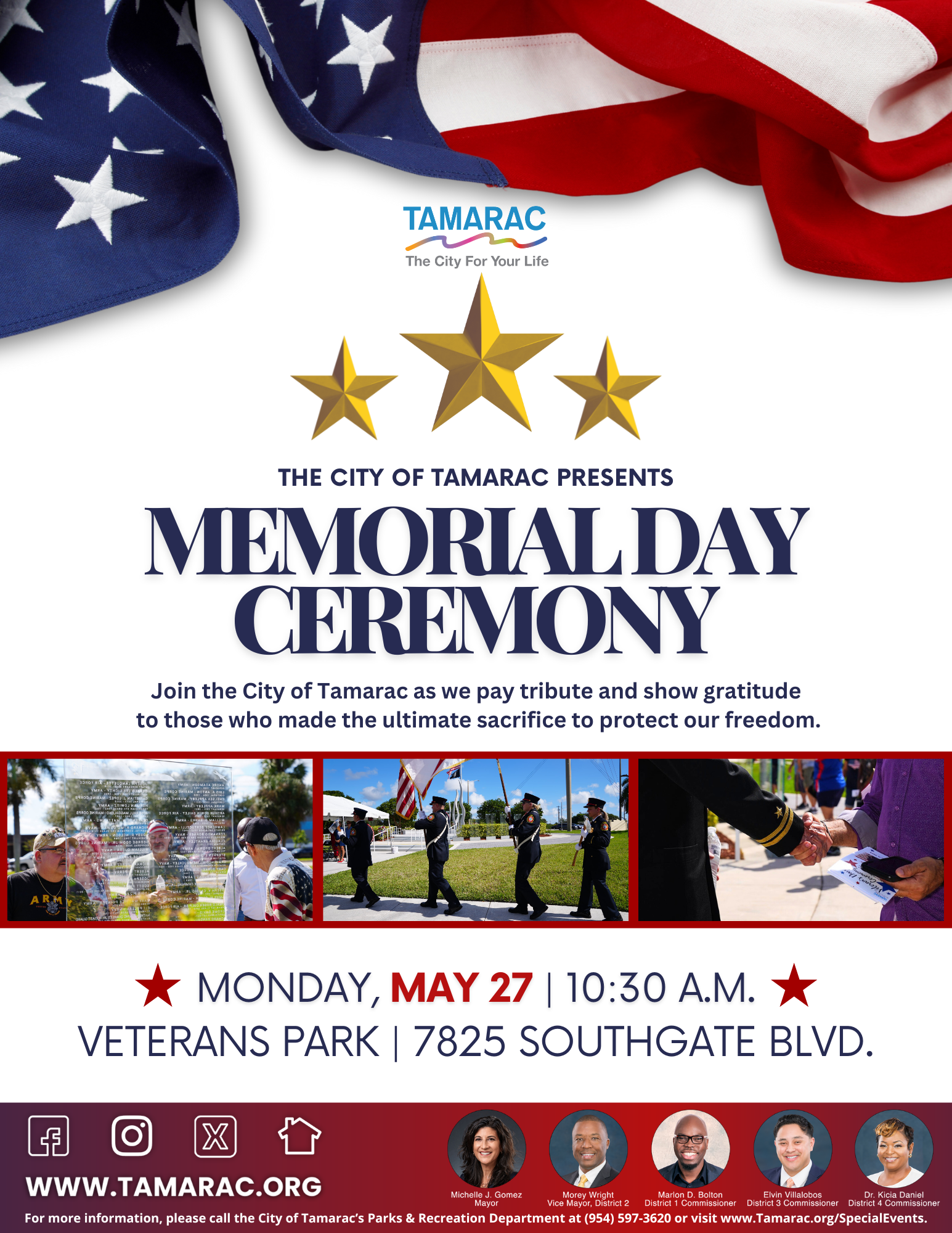 Red, white and blue flag with stars and persons in uniforms