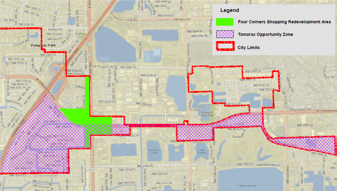 Map showing the city limits of the City of Tamarac, the location of  Opportunity Zones in the City a