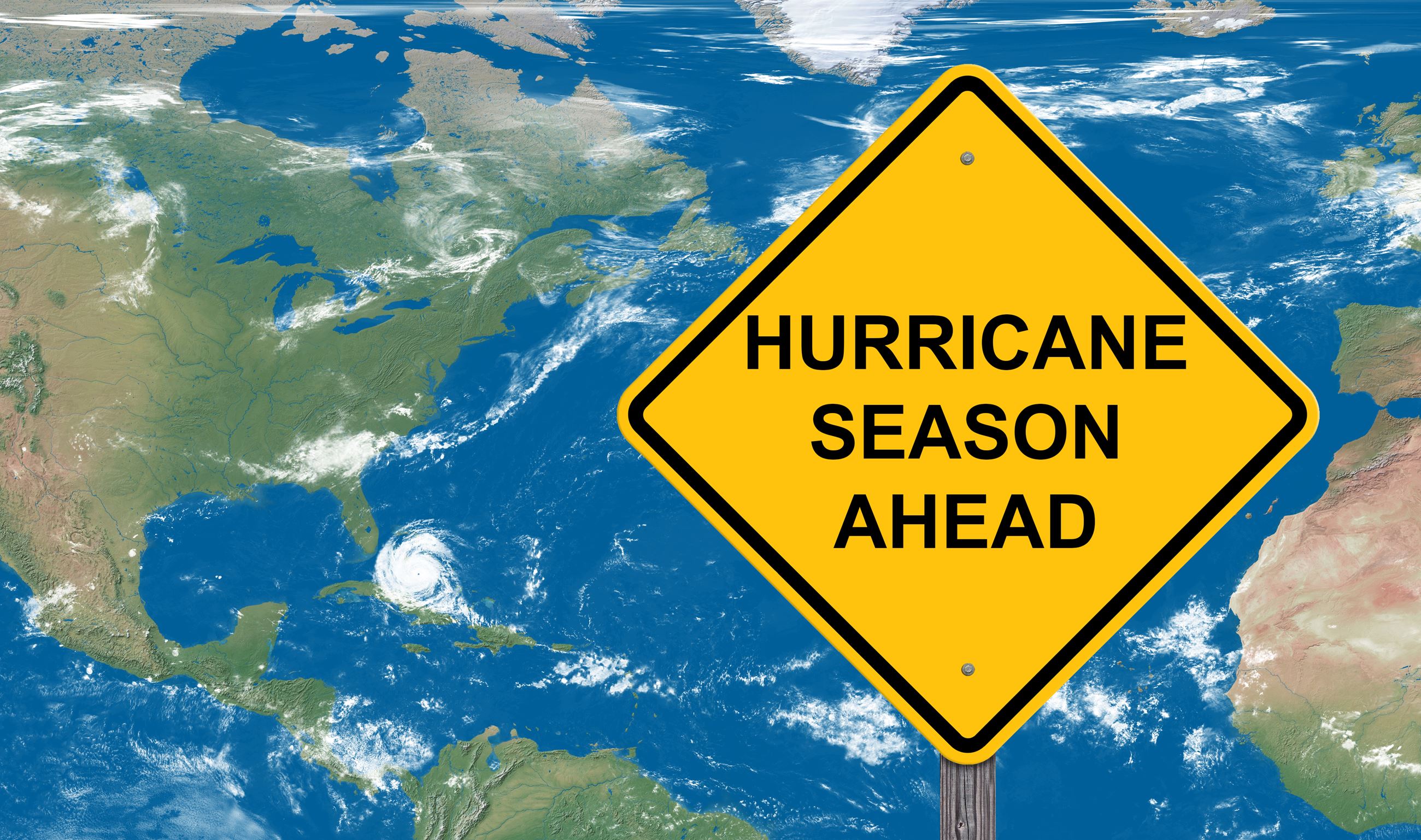 Hurricane Season Ahead sign with background image of a hurricane approaching Florida